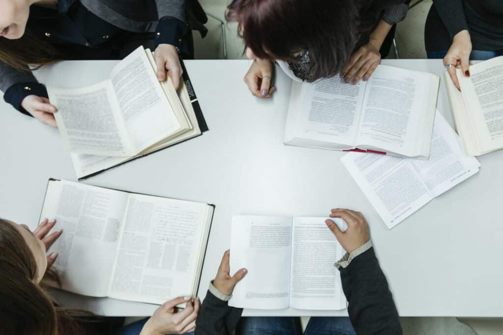 group of people learning together in a library
